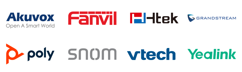 Logo Wall Endgeräte, vPBX. Ist kompatibel mit IP-fähigen Telefonen und Headsets von Akuvox, Fanvil, Htek, Grandstream, Poly, SNOM, vtech, Yealink