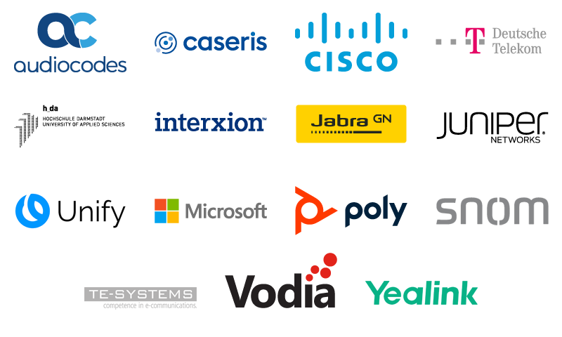 Technologiepartner der Toplink GmbH, audiocodes, caseris, cisco, Telekom, Hochschule Darmstadt, interxion, Jabra, Juniper Networks, Unify, Microsft, Poly, SNOM, Te-Systems, Vodia, Yealink