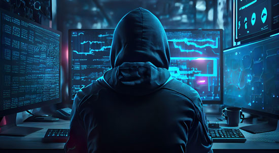 Dekorativ: Mann arbeitet an PC mit vielen Bildschirmen, dunkle Kulisse